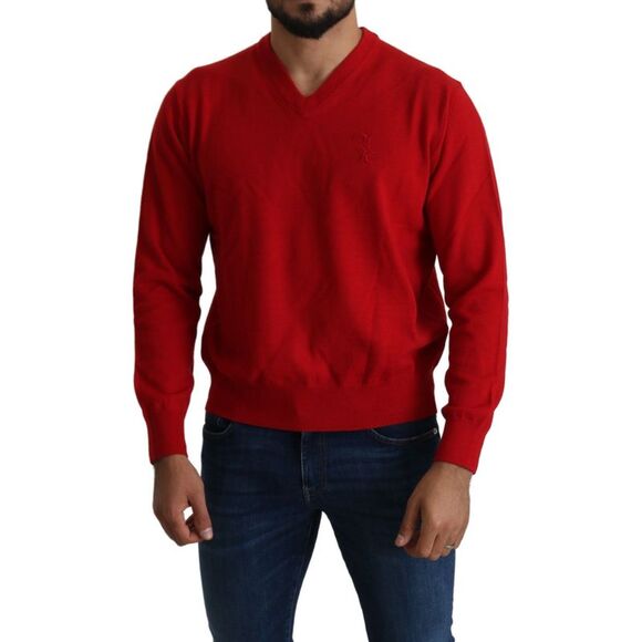 Billionaire Italian Couture Red V-neck Wool Sweatshirt Pullover Men's Sweater - Picture 5 of 5